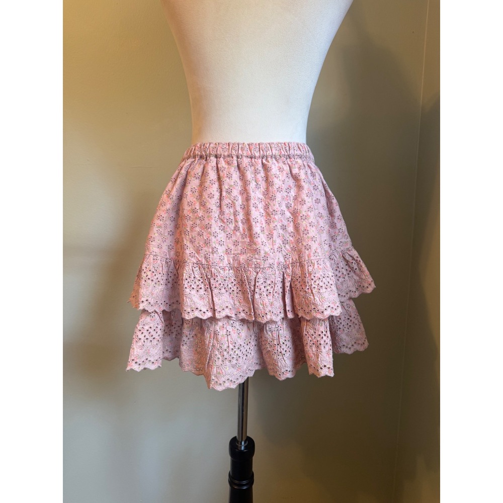 Lucky Brand Pink Floral Eyelet Tiered Mini Skirt Cotton Ruffle Boho Small Y2K co